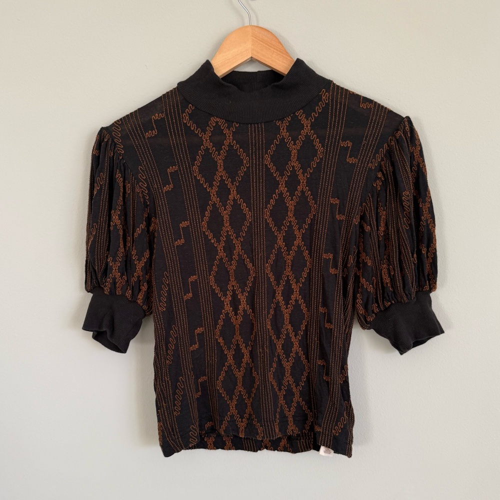 Free People Embroidered Puff Sleeve Top